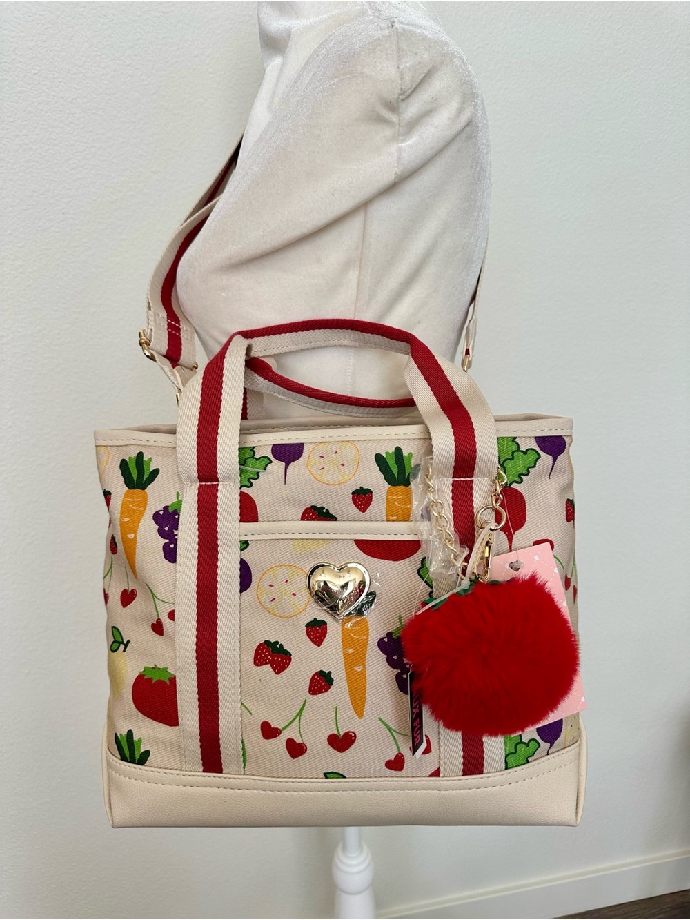 NWT Luv Betsy by Betsy Johnson Canvas Crossbody Mini Tote Fruit & Veggie Print